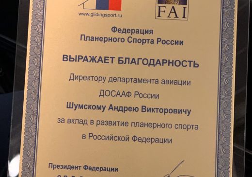 Директор департамента авиации ДОСААФ получил благодарность Федерации планерного спорта России